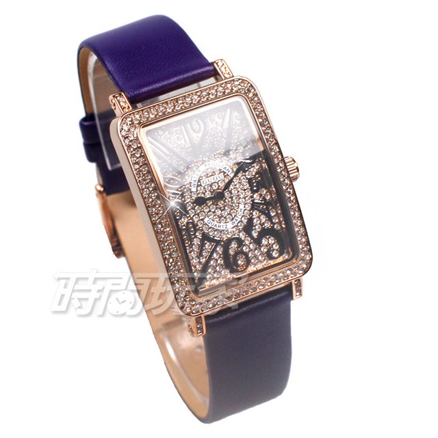 香港古歐 GUOU 閃耀時尚腕錶 滿鑽數字錶 長方型 真皮皮革錶帶 玫瑰金x紫 G8201玫紫