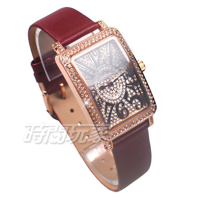 香港古歐 GUOU 閃耀時尚腕錶 滿鑽數字錶 長方型 真皮皮革錶帶 玫瑰金x玫酒紅 G8201玫酒紅