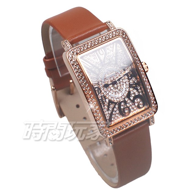 香港古歐 GUOU 閃耀時尚腕錶 滿鑽數字錶 長方型 真皮皮革錶帶 玫瑰金x玫淺咖啡 G8201玫淺咖