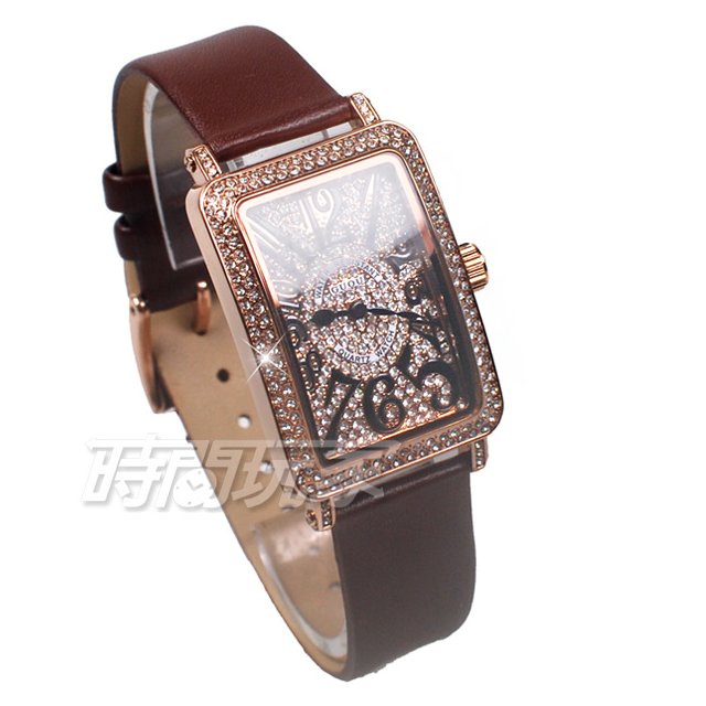 香港古歐 GUOU 閃耀時尚腕錶 滿鑽數字錶 長方型 真皮皮革錶帶 玫瑰金x玫深咖啡 G8201玫深咖