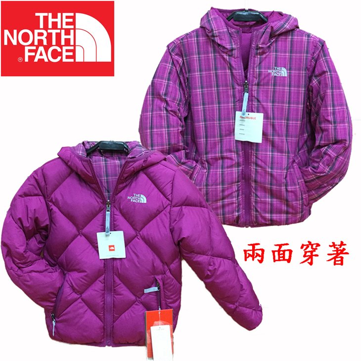 【台灣黑熊】美國 The North Face 女童 550FP 雙面穿連帽羽絨外套 AMGA520 蘭花紫