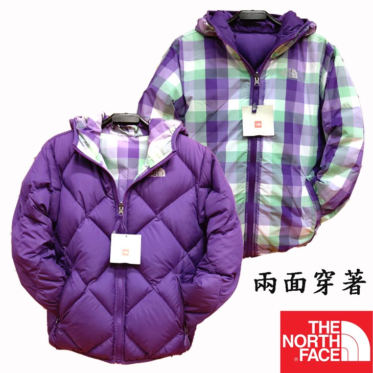 【台灣黑熊】美國 The North Face 女童 550FP 雙面穿連帽羽絨外套 AUUDJC0 紫色