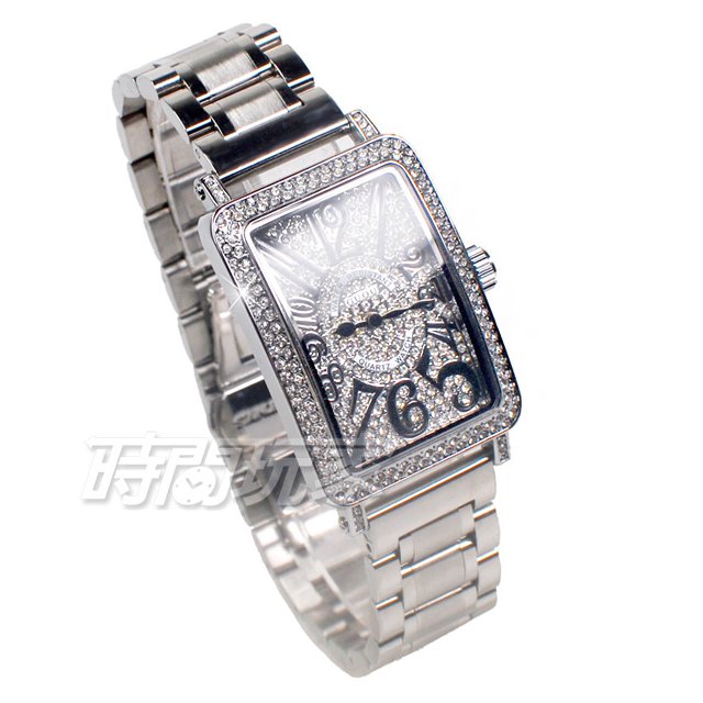 香港古歐 GUOU 閃耀時尚腕錶 滿鑽數字錶 長方型 銀色 G8201T銀