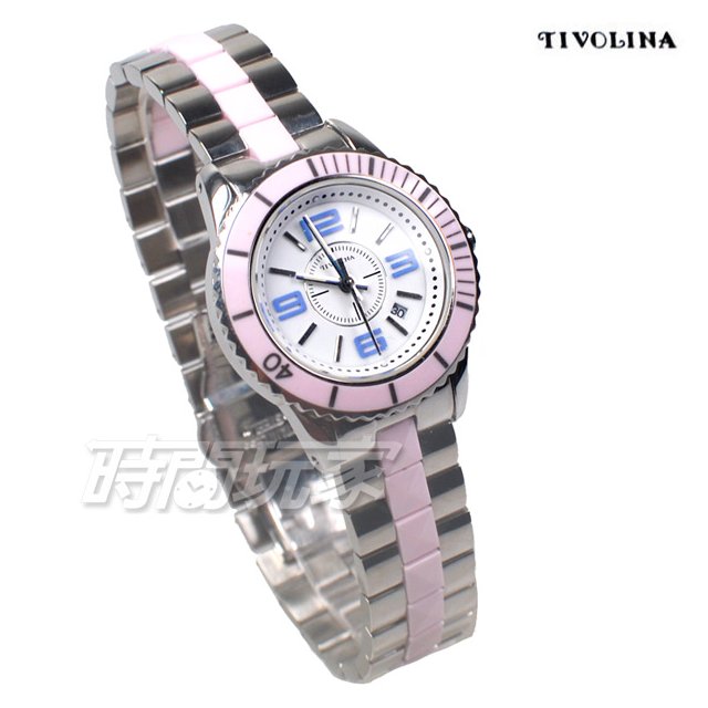 TIVOLINA 數字 鉚釘造型 個性 陶瓷 小圓錶 藍寶石水晶玻璃 防水 粉紅色 女錶 BAP3627-B