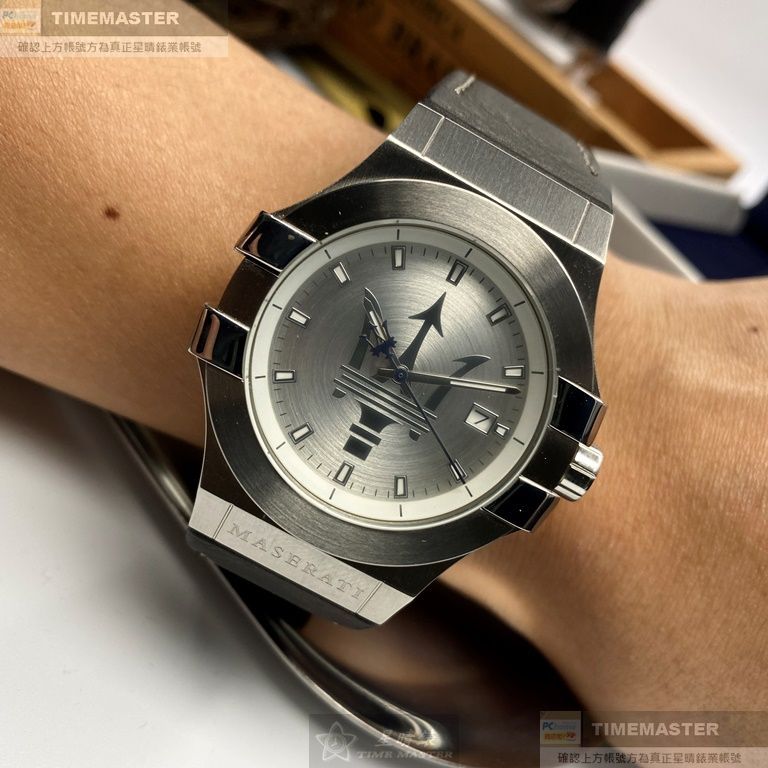 MASERATI手錶,編號R8851108018,42mm銀六角形精鋼錶殼,白色中三針顯示, 大三叉錶面,咖啡色真皮皮革錶帶款
