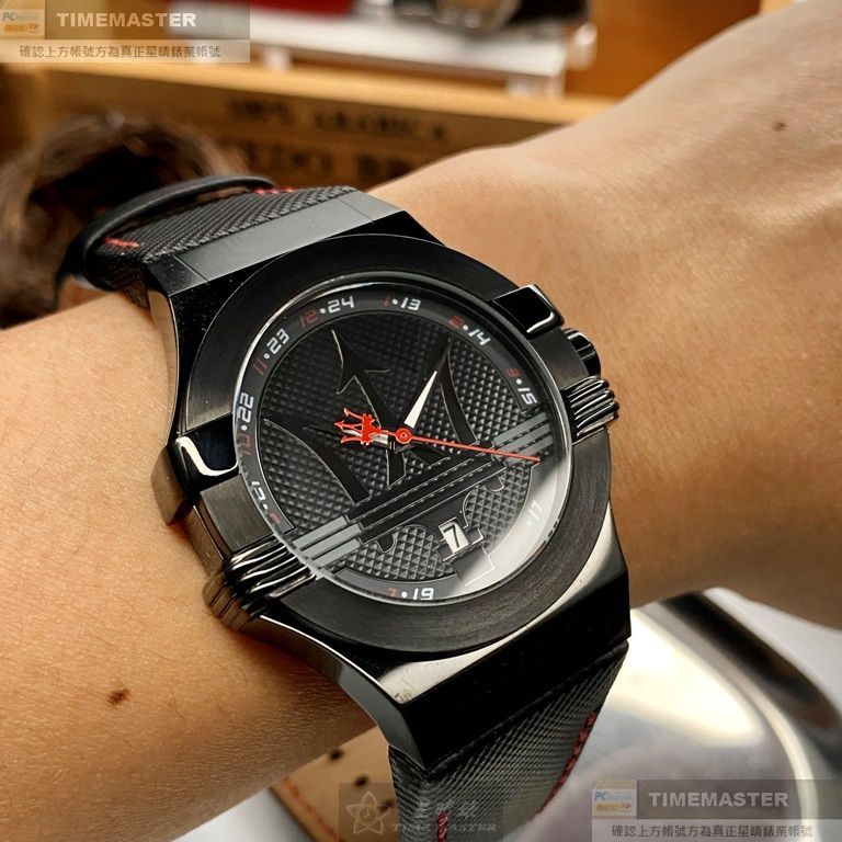 MASERATI手錶,編號R8851108010,42mm黑六角形精鋼錶殼,黑色中三針顯示, 運動錶面,深黑色真皮皮革錶帶款