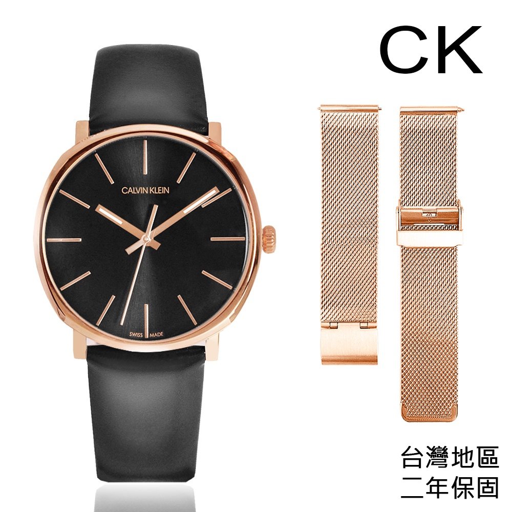Calvin Klein 美國原廠平行輸入CK紳士簡約三針皮帶手錶-黑x玫瑰金