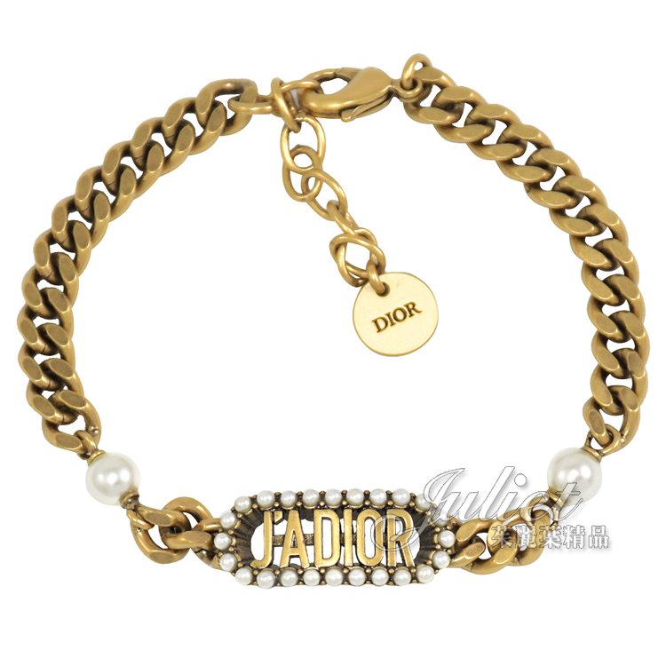 【全新現貨 補9條】茱麗葉精品Christian Dior J'ADIOR 鏤空LOGO珍珠造型手鍊.古銅金現金價$20,800