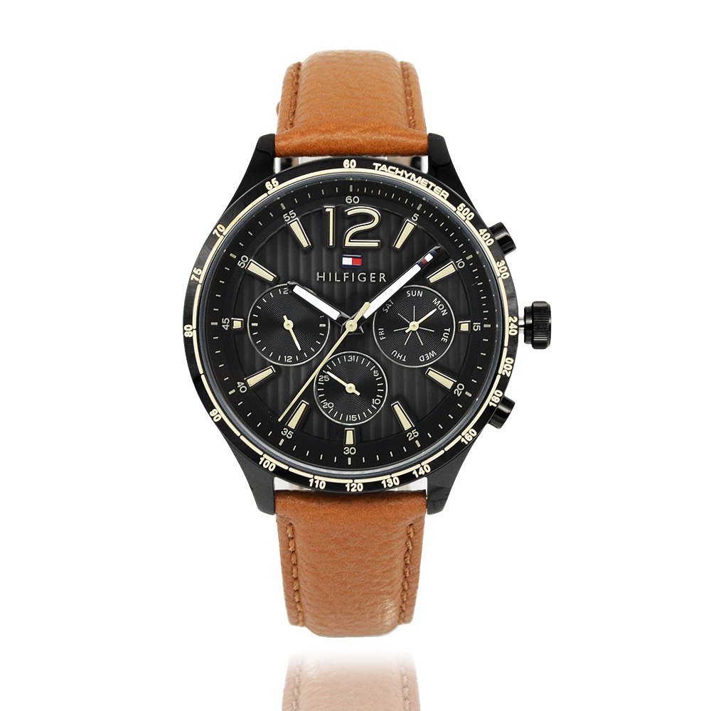 Tommy Hilfiger | 黑色三眼手錶 x 淡黃色刻度 x 棕色真皮錶帶 (1791470)