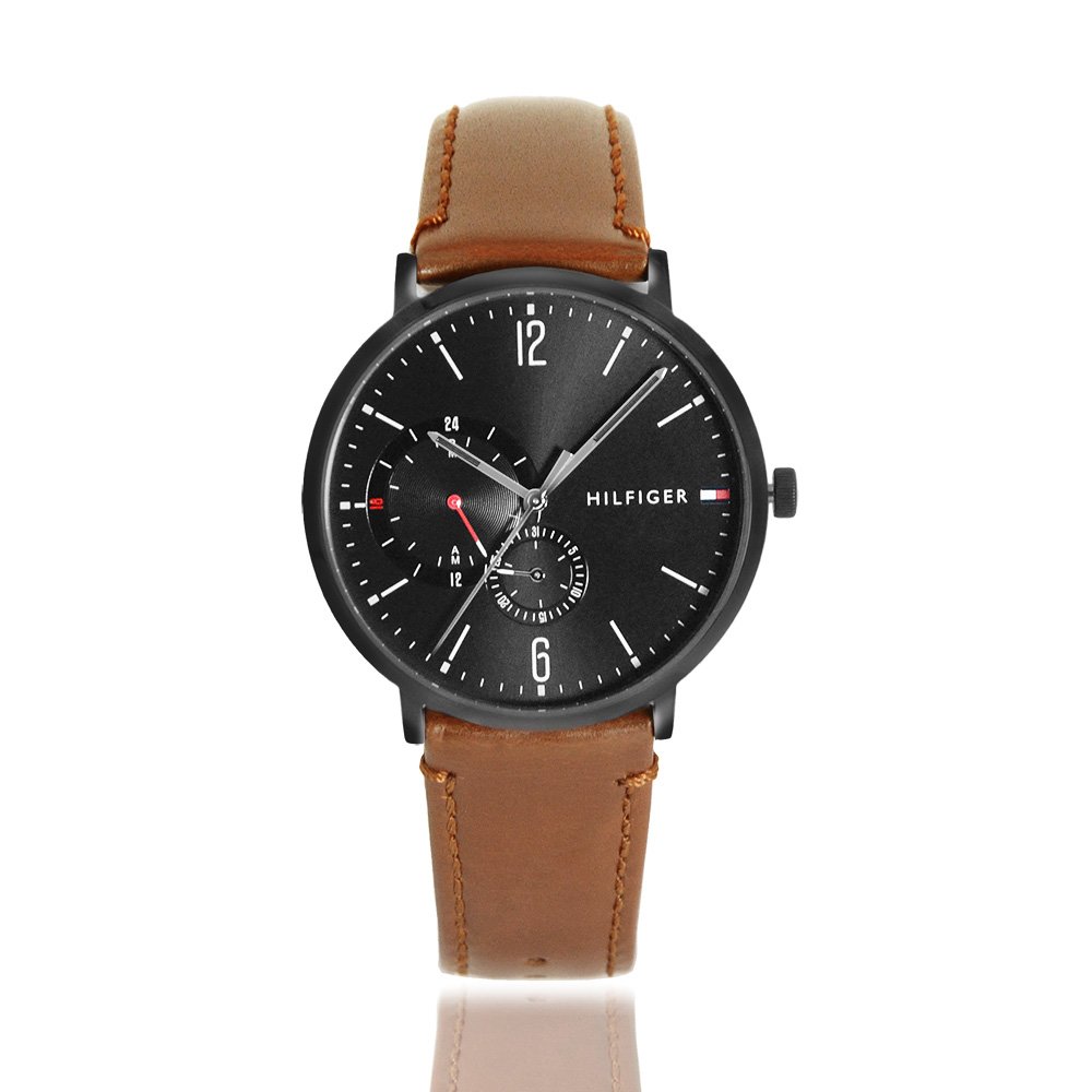 Tommy Hilfiger | 黑色雙眼多功能手錶 x 黑面 x 棕色皮革錶帶 (1791510)