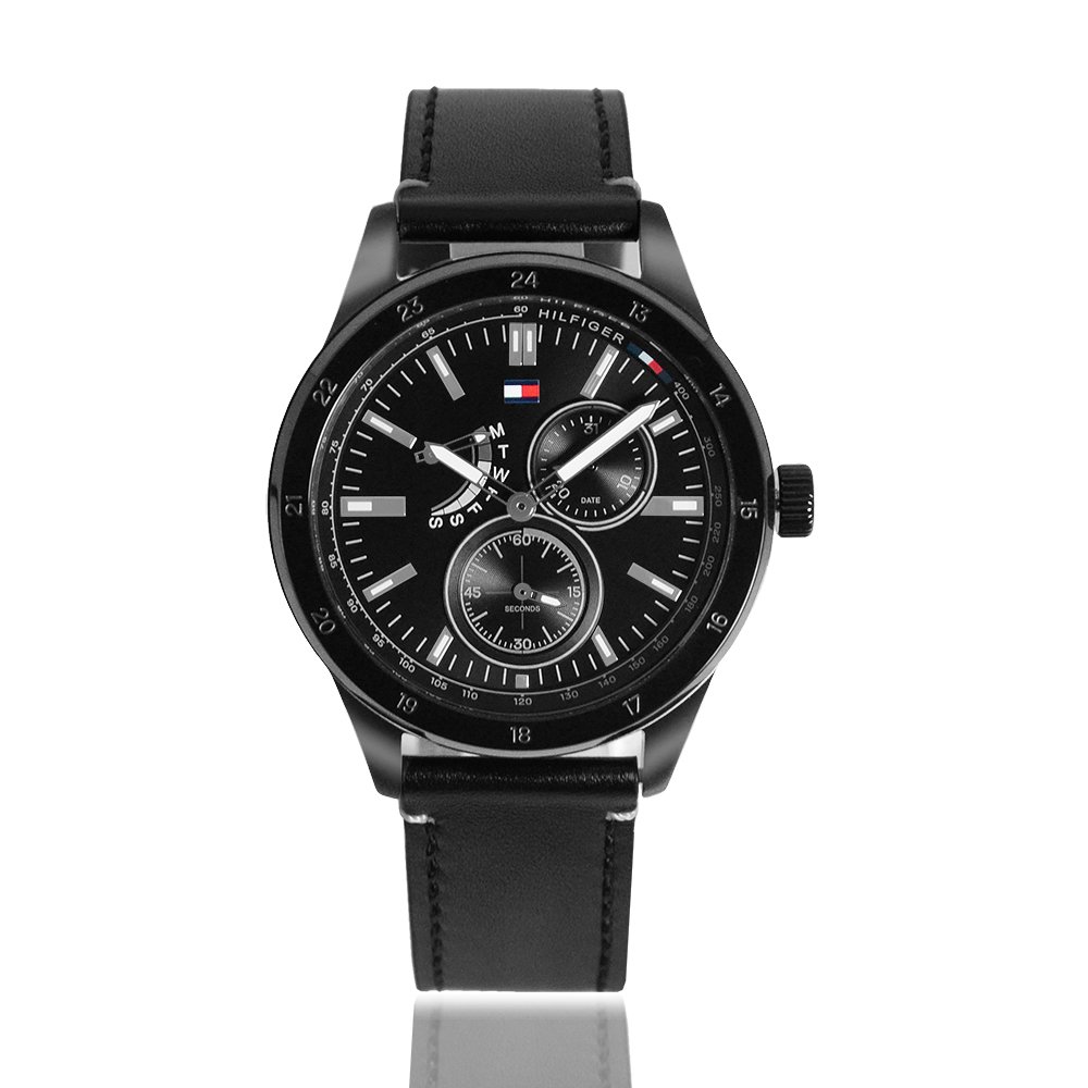 Tommy Hilfiger | 黑色三眼手錶 x 黑面 x 黑色皮革錶帶 (1791638)