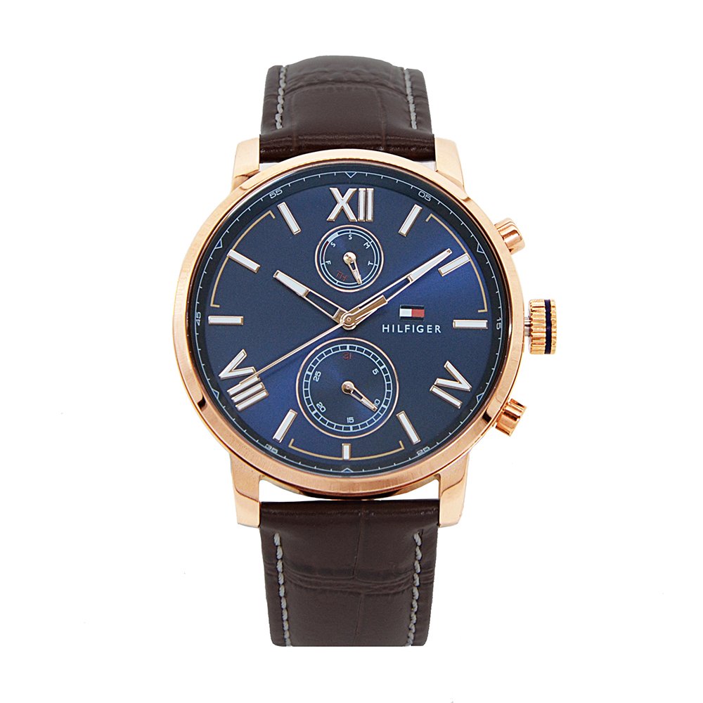 Tommy Hilfiger | 玫瑰金計時手錶 x 藍面 x 咖啡色真皮錶帶 (1791308)