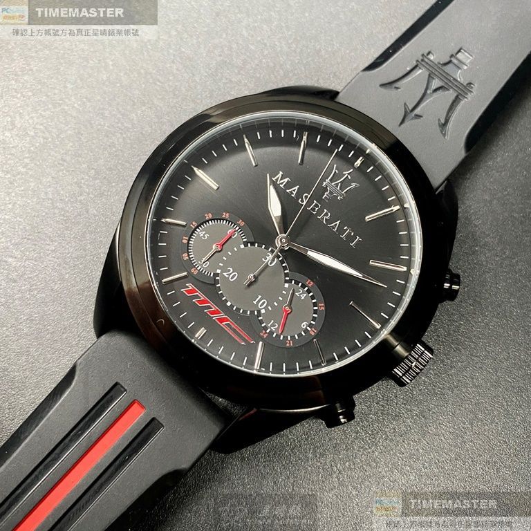 MASERATI手錶,編號R8871612004,46mm黑圓形精鋼錶殼,黑色三眼, 中三針顯示, 運動錶面,深黑色矽膠錶帶款