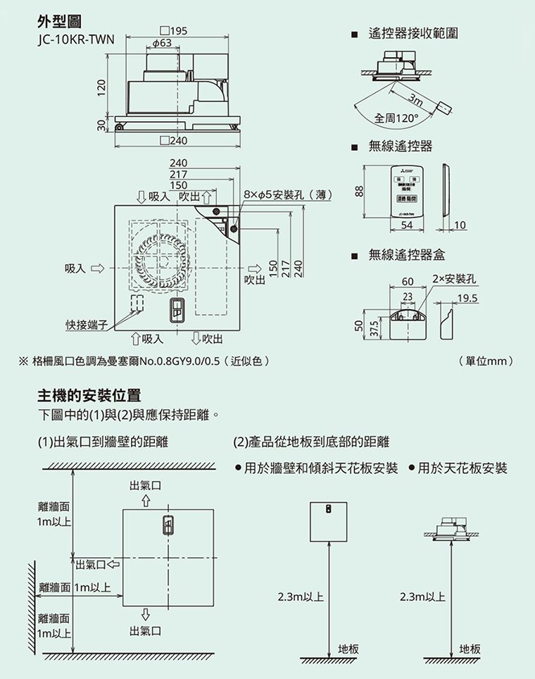 茂忠三菱空氣清淨循環扇JC-10KR-TWN 日本原裝免配管附輕鋼架安裝框110V