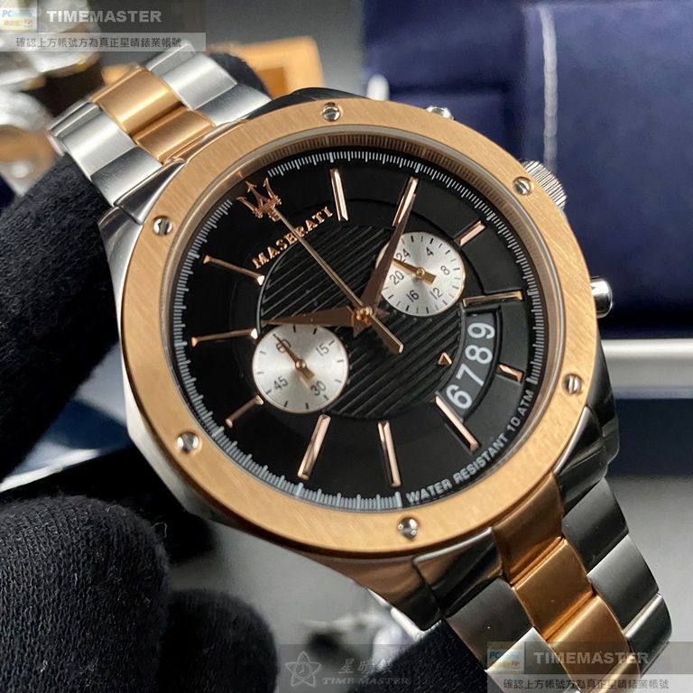 MASERATI手錶,編號R8873627004,46mm玫瑰金六角形精鋼錶殼,黑色中三針顯示, 雙眼錶面,金銀相間精鋼錶帶款