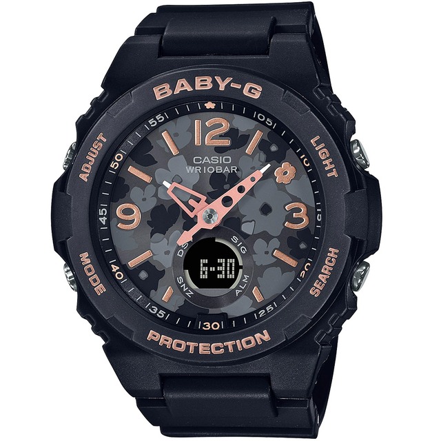 CASIO/ BABY-G / 露營風格花樣花朵系列手錶-黑×粉橘/ BGA-260FL-1A