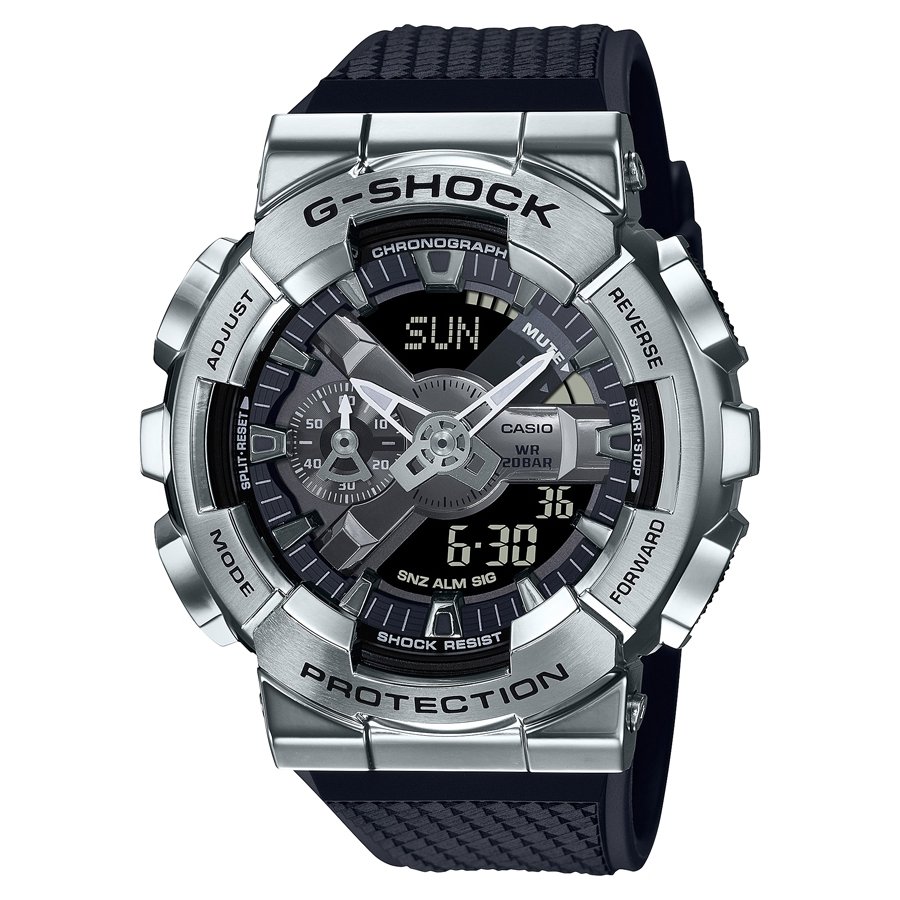 CASIO/ G-SHOCK/ 強悍金屬雙顯膠帶錶-黑銀/ GM-110-1A