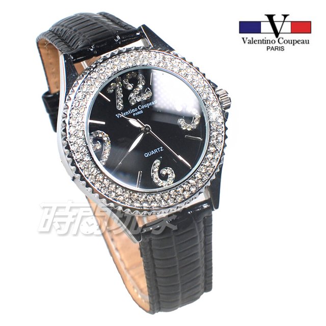 valentino coupeau范倫鐵諾 閃耀亮鑽 滿鑽 大數字水晶鑽 真皮 女錶 黑色 防水手錶 V12221黑