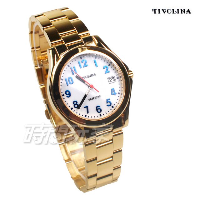 TIVOLINA 注重細節 標準時刻 日期顯示窗 防水手錶 藍寶石水晶鏡面 男錶 金色x藍 MAG3771BA
