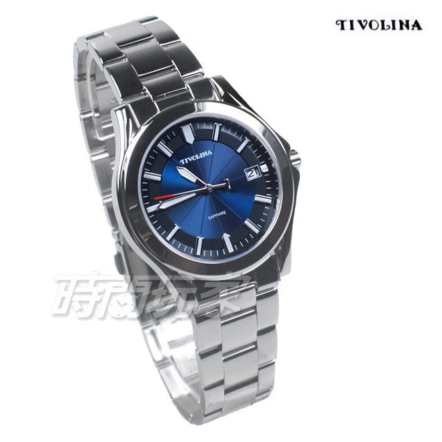TIVOLINA 都會風格 標準時刻 日期顯示窗 防水手錶 藍寶石水晶鏡面 男錶 銀色x藍 MAW3772-B