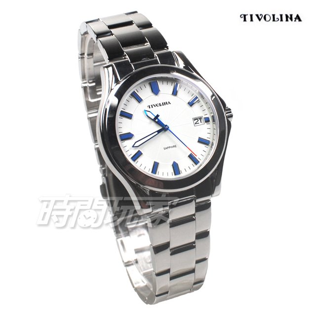 TIVOLINA 都會風格 標準時刻 日期顯示窗 防水手錶 藍寶石水晶鏡面 男錶 銀色x白 MAW3772WB