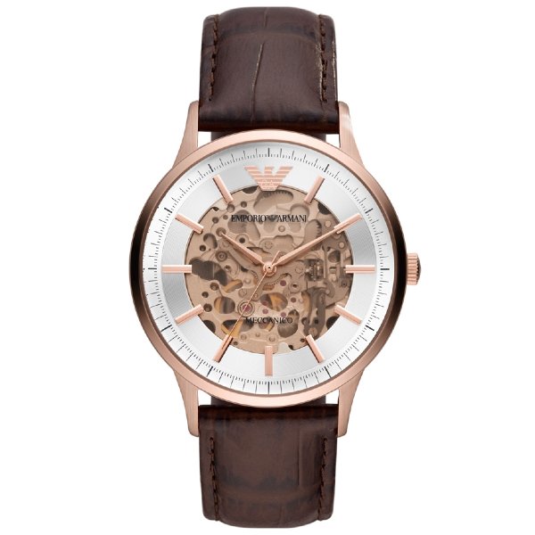 emporio armani 亞曼尼 ar 60039 經典透視錶面機械皮革腕錶 玫瑰金 x 咖啡 43 mm