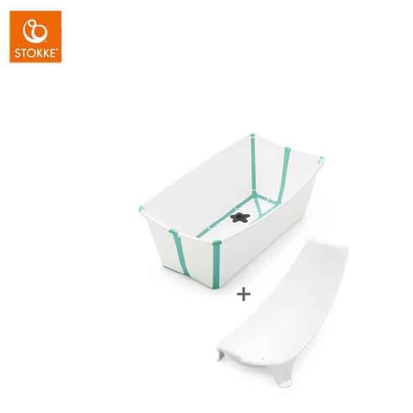 stokke Flexi Bath Bundle Tub with Support 3 摺疊式浴盆套裝（含初生嬰兒浴架）-白色（湖水綠包邊）