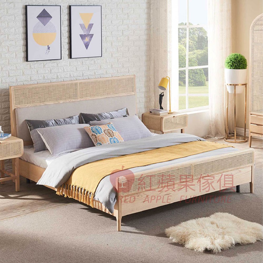 [紅蘋果傢俱] 實木家具 梣木系列 MTB01 藤編床架 床架 實木床架 軟包床架 五尺床 六尺床