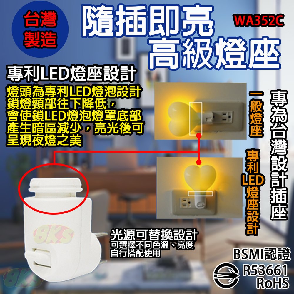 《台灣製造》E12高級燈座隨插即亮 專為台灣插座設計 臥室 客廳 廁所走廊等室內場所 BSMI認證R53661