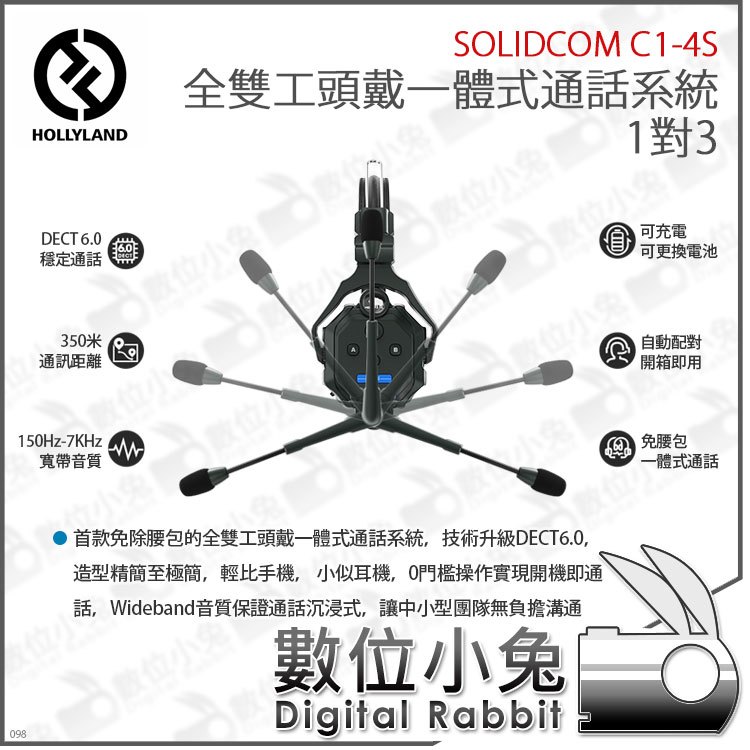 數位小兔【HOLLYLAND Solidcom C1-4S 全雙工頭戴一體式通話系統 1對3】intercom 免腰包 便攜 雙向 耳機 無線通話 公司貨