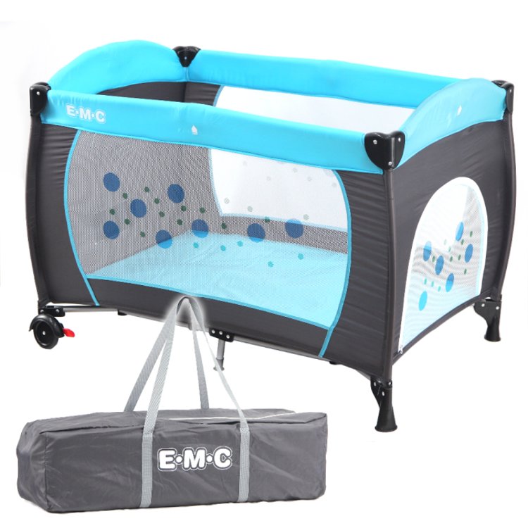 免運費 EMC 安全嬰兒床(具遊戲功能)嬰幼兒安全遊戲床(平安藍) 附蚊帳/收納袋/可開側門