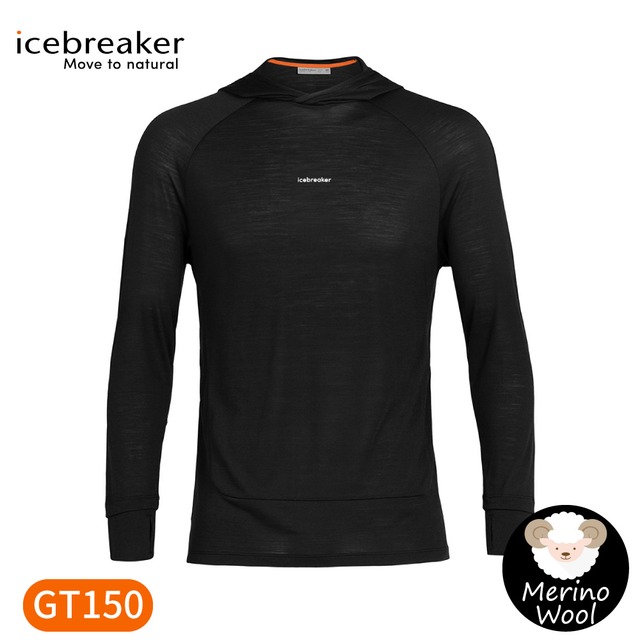 【Icebreaker 男 Cool-Lite圓領連帽長袖上衣GT150《黑》】IB0A56EU/排汗衣/薄長袖/帽T