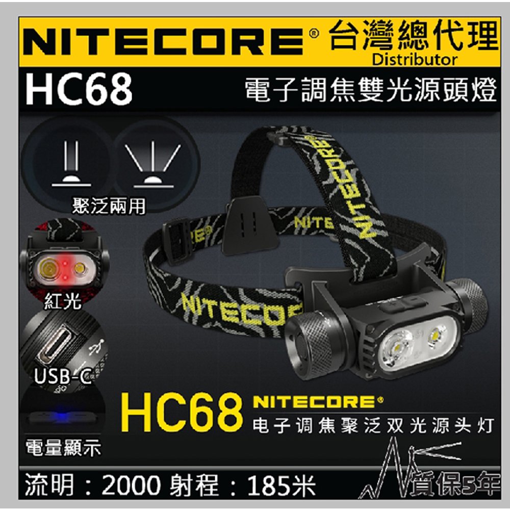 【電筒王】(附電池) Nitecore HC68 2000流明 電子調焦 聚泛光 雙光源頭燈 紅光照明 USB-C