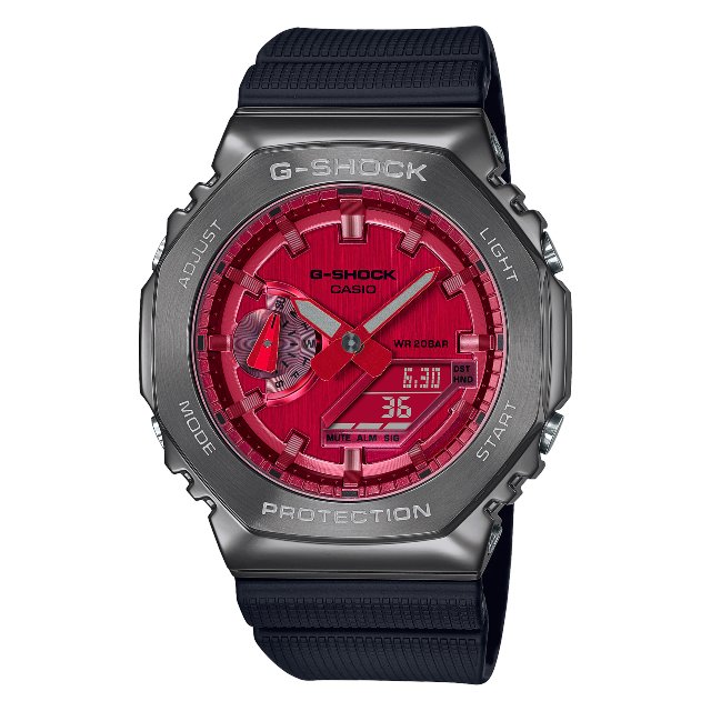 CASIO卡西歐 G-SHOCK GM-2100B-4A 農家橡樹金屬錶殼雙顯示腕錶 / 灰紅 44.4mm