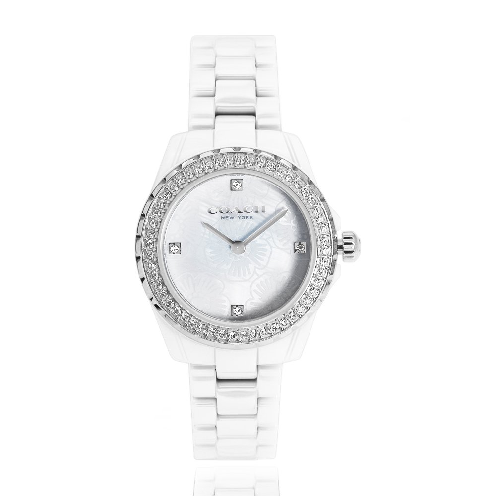 COACH | 銀框 花朵白面 晶鑽陶瓷女錶 (14503661)