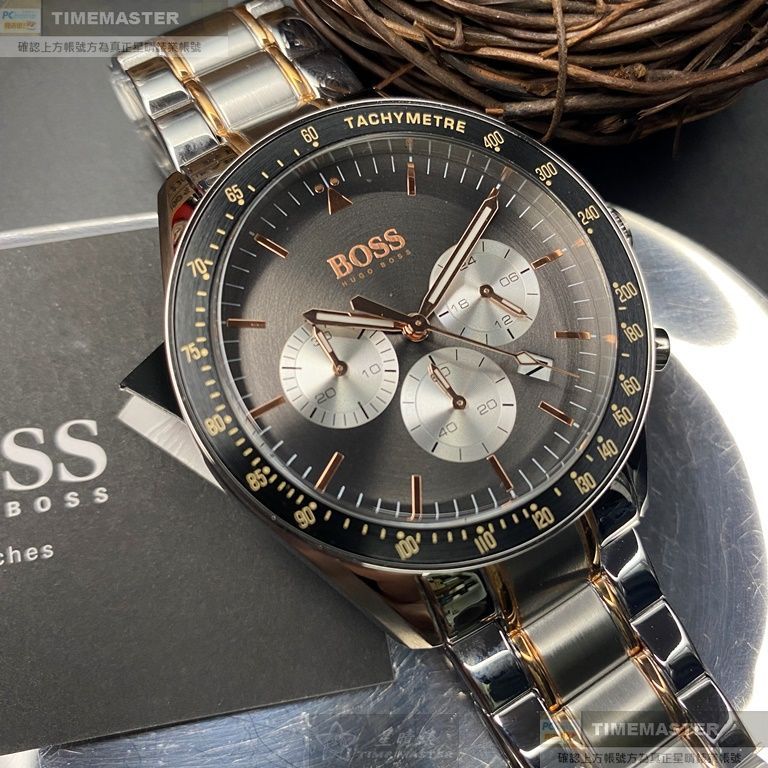 BOSS手錶,編號HB1513634,44mm銀黑色圓形精鋼錶殼,槍灰色三眼, 中三針顯示, 運動錶面,金銀相間精鋼錶帶款