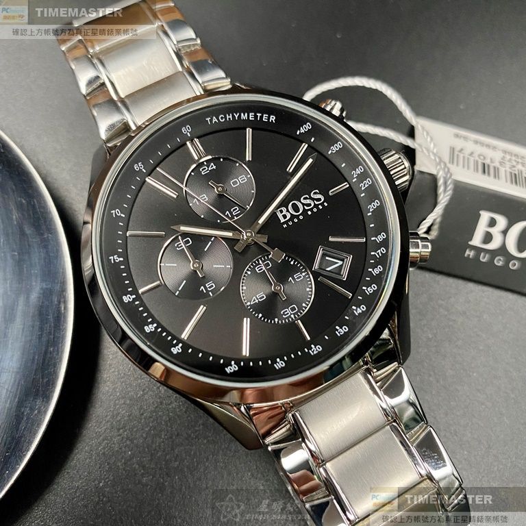 BOSS手錶,編號HB1513477,44mm銀圓形精鋼錶殼,黑色三眼, 中三針顯示錶面,銀色精鋼錶帶款