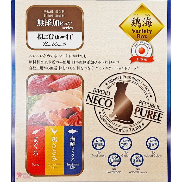 日本國產Neco Puree喵寵愛-雞肉、鮪魚、海鮮肉泥(60條/盒)(天然食材無添加)