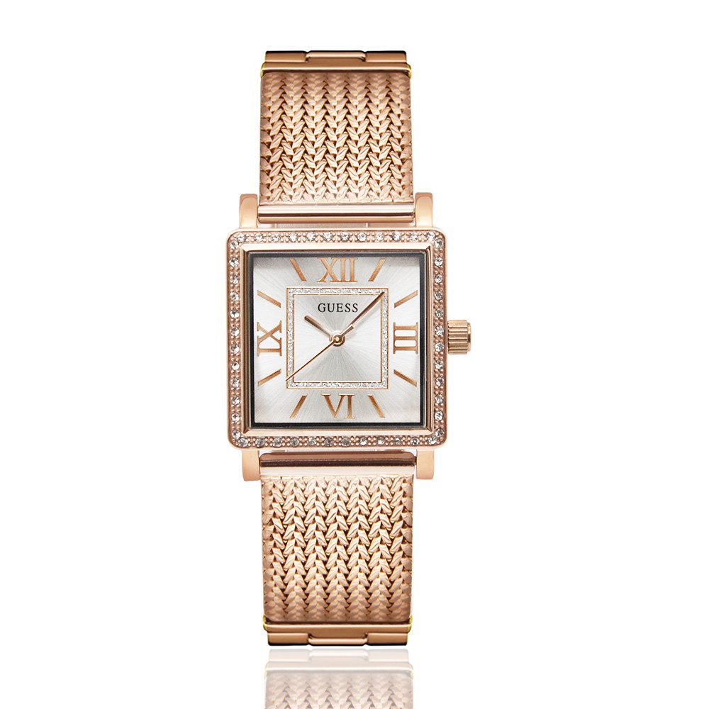 GUESS | 白面 玫瑰金殼 米蘭+不鏽鋼錶帶 方型腕錶 - W0826L3