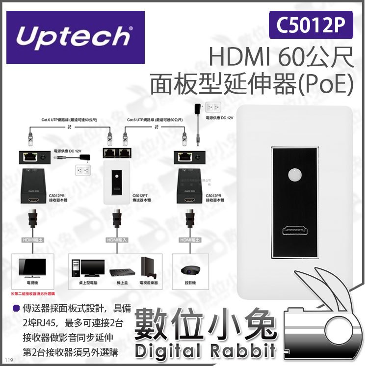 數位小兔【Uptech 登昌恆 C5012P HDMI 60公尺 面板型延伸器 PoE】免安裝 訊號延長 1080P 音頻 影音延伸器