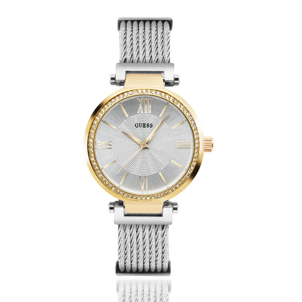 【GUESS】白面 金殼 編織+不鏽鋼錶帶 晶鑽腕錶 (W0638L7)