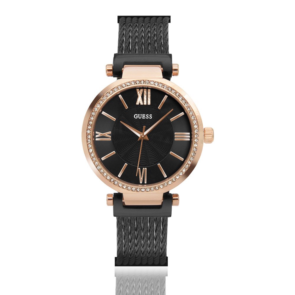 【GUESS】黑面 玫瑰金殼 編織+不鏽鋼錶帶 晶鑽腕錶 (W0638L5)