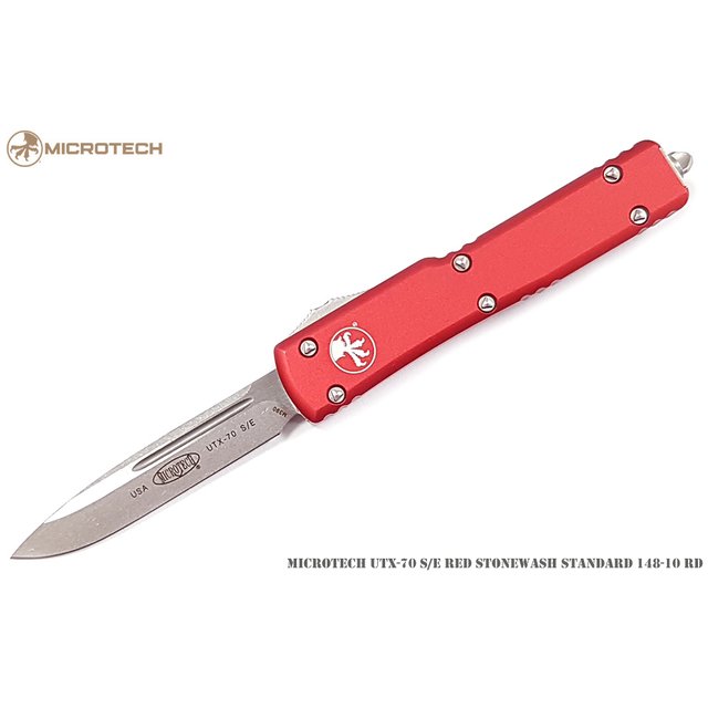 Microtech UTX70 S/E 紅色鋁柄mini彈簧刀(石洗平刃) -MT 148-10RD