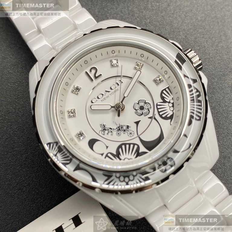 COACH手錶,編號CH00109,34mm白圓形陶瓷錶殼,白色中三針顯示, 鑽刻度花瓣錶面,白陶瓷錶帶款