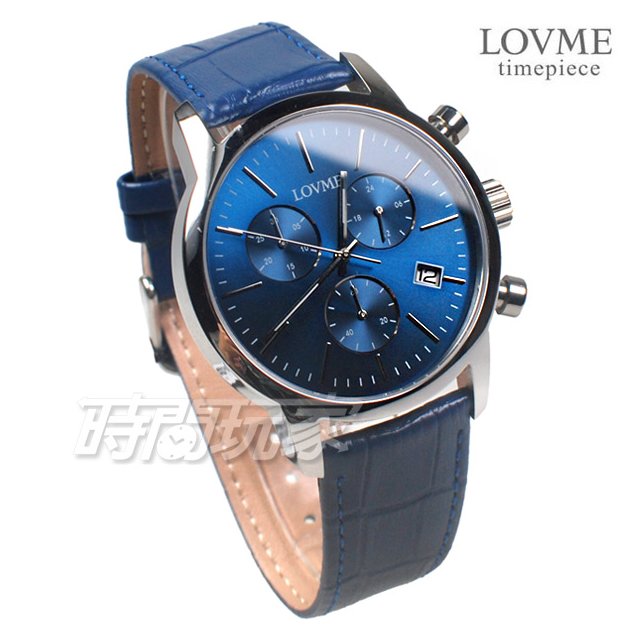 LOVME 剛毅時尚 堅定的意念 三眼計時碼錶 真皮腕錶 防水 藍寶石水晶 男錶 藍色 VL0055M-2B-L21