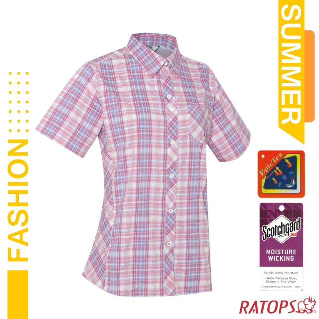 【瑞多仕-RATOPS】女款 短袖彈性格子襯衫(胸前口袋/衣領設計).休閒衫.吸濕排汗衣_DA2508 粉藍/玫瑰紅