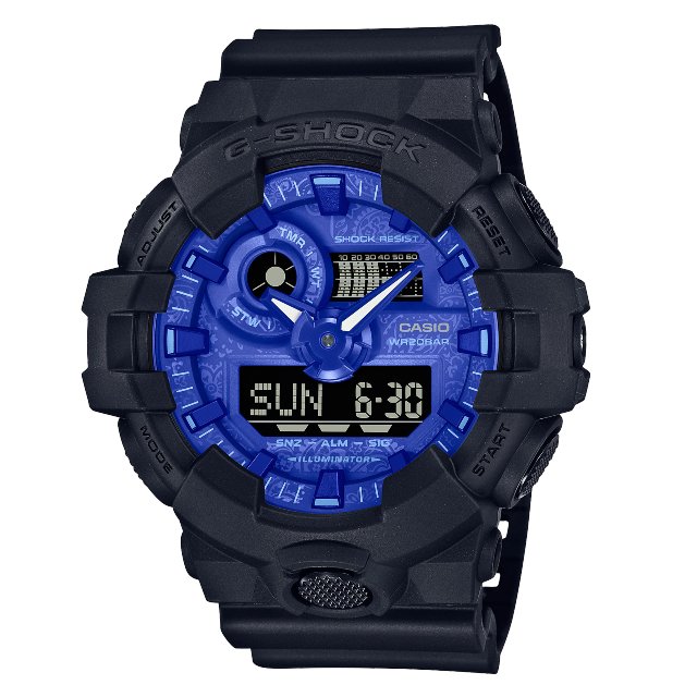 CASIO 卡西歐GA-700BP-1A / G-SHOCK 時尚變形蟲雙顯腕錶 / 藍黑 53.4mm