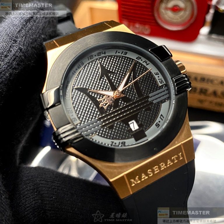 MASERATI手錶,編號R8851108002,42mm玫瑰金六角形精鋼錶殼,黑色中三針顯示, 運動錶面,深黑色矽膠錶帶款