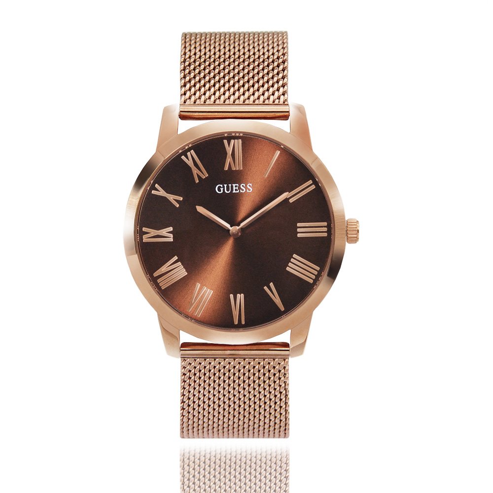 【GUESS】棕色面 玫瑰金殼 米蘭帶+不鏽鋼錶帶腕錶(GW0074G1)