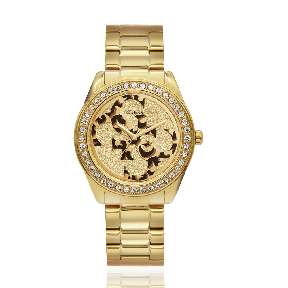 【GUESS】金面 金殼 豹紋經典LOGO設計 不鏽鋼晶鑽腕錶(W1201L2)